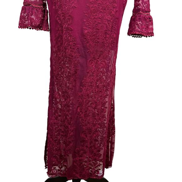 Whimsigoth Lace Open Back Flare Sleeve Gown Prom Gala Sultry Slinky Maxi Dress - Picture 5 of 11